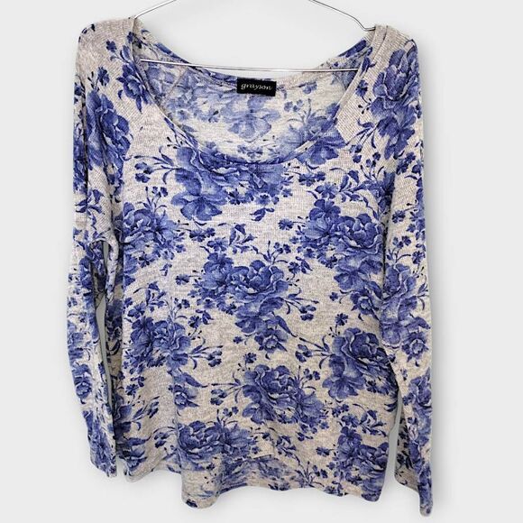Grayson Womens Top Sz L Long Sleeves Light Knit Scoop Neck Grey Blue Boho‎ Y2K - Picture 1 of 6
